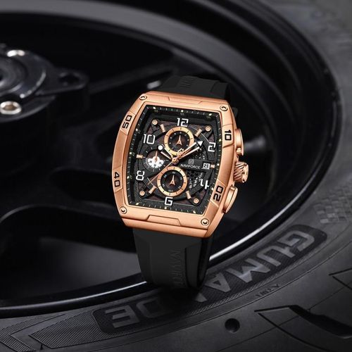 Montre Homme Chronographe Design Racing Bracelet Silicone Or Rose et Noir – Édition Originale