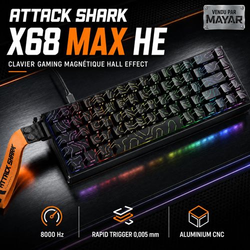 X68 MAX HE – Clavier Gaming Magnétique Hall Effect Filaire USB-C 68 Touches, Châssis Aluminium CNC, Rapid Trigger 0,005 mm, Polling Rate 8000 Hz, Latence 0,08 ms, Activation Réglable 0,1–3,4 mm, RGB et Keycaps PBT