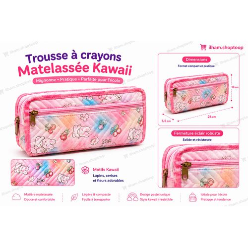 Trousse Scolaire Rose Kawaii Matelassée – Grande Praticité et Style Adorable (Motif Aléatoire)