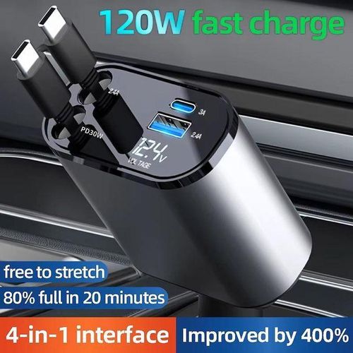 Fast Charger Chargeur de voiture rétractable USB C pour iPhone, Xiaomi, Huawei, Samsung, câble de développement rapide, adaptateur allume-cigare Laguna, 120W, 4 en 1