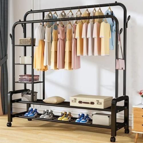 Porte-Manteau en métal et Support de Rangement pour Chaussures, Rangement à 2 Niveaux, Porte-Manteau en métal, avec Crochet, Tringle à vêtements avec roulettes, pour Couloir, Chambre, Porte-vêtements Mobile En Métal à Double Pôle 68 kg