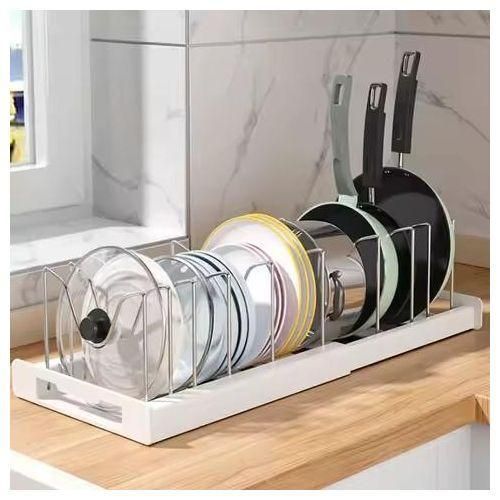 Organisateur de Casseroles et Poêles Coulissant pour Armoire – Support de Couvercles de Cuisine avec Séparateurs Réglables, Rangement Gain de Place