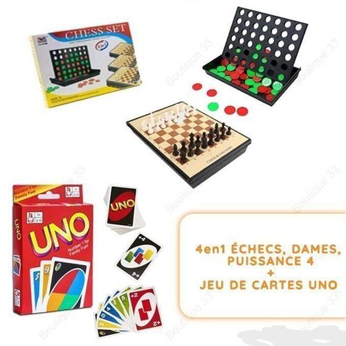 Uno Jeu de cartes + 4en1 échecs, dames et puissance 4 - Pack Jeux