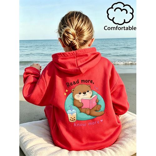 Sweat à capuche pour filles, vêtement décontracté et confortable sur le thème des loutres avec du thé au lait et un livre, à la mode et tendance, haut chaud pour l'automne/hiver