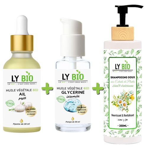 PACK HUILE AIL 50ML - PIPETTE + HUILE GLYCERINE 50ml - POMPE + SHAMPOOING AUX EXTRAITS DE PLANTES 200ML