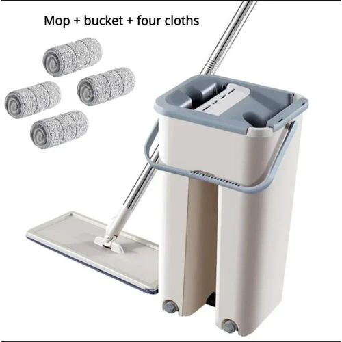 Balai serpillière plat avec seau essoreur autonettoyant 2 en 1, vadrouille microfibre mains libres, manche inox réglable, nettoyage sols sec et humide