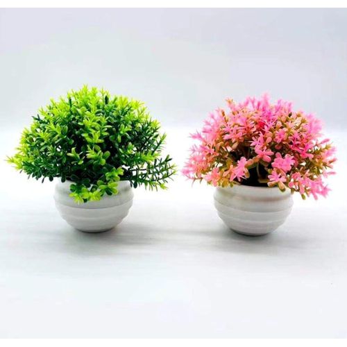 2 Plantes Artificielles en Plastique Vert et Rose