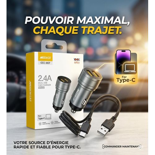 Chargeur Voiture Allume-Cigare 2 Ports USB 2.4A Rapide – Adaptateur Universel Auto Multi-Ports pour Smartphone, iPhone, Samsung– Charge Intelligent Haute Vitesse