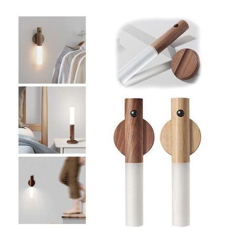 Veilleuse Murale LED en Bois Magnétique Sans Fil, Rechargeable USB et Détecteur de Mouvement