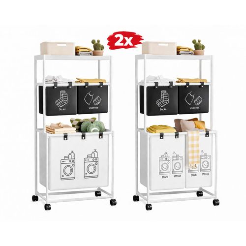 Panier à Linge 3 Compartiments avec Étagère – Chariot de Tri du Linge Sale, Pliable avec Roulettes, Organisateur de Buanderie Gain de Place