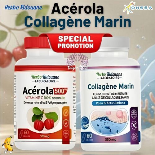 Pack 2x Bottel Acérola 500 mg Collagène Marin 350 mg Capsules de complément alimentaire extrait de cerise d'acérola, Capsules de cerise d'acérola de légume de fruit.