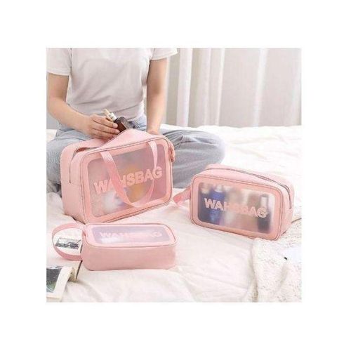 Set de 3 Trousses Transparentes Impermables pour Maquillage et Voyage - Rose