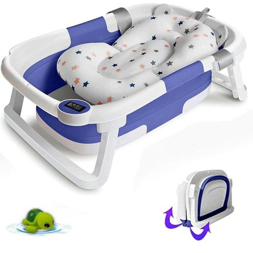 Baignoire pliable avec coussin de bain et quip dun thermomtre - compact - pour bb Bleu