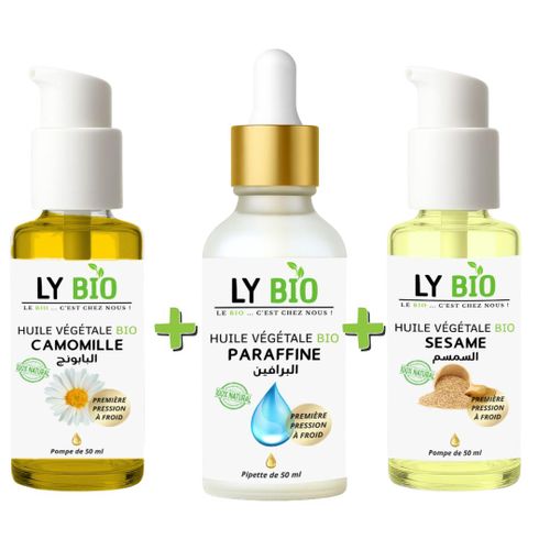 PACK HUILE CAMOMILLE 50ML - POMPE + HUILE PARAFFINE 50ML - PIPETTE + HUILE SESAME 50ml - POMPE