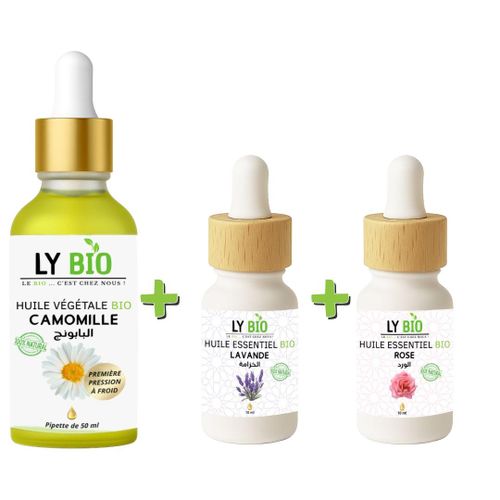 PACK HUILE CAMOMILLE 50ML - PIPETTE + HUILE ESSENTIEL LAVANDE 10ML + HUILE ESSENTIEL ROSE 10ML