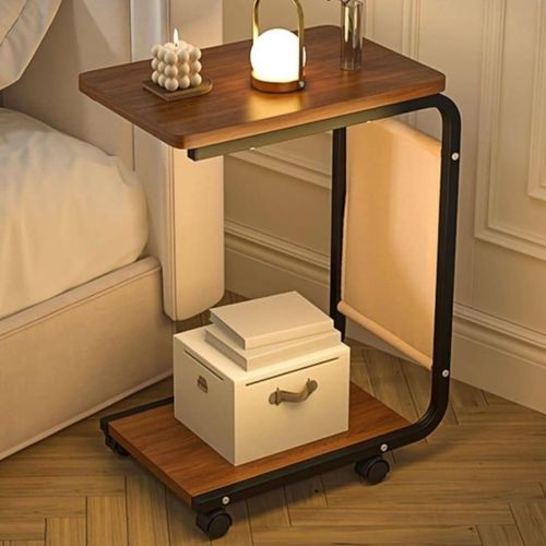 Table d’Appoint Mobile en Forme de C – Table de Lit et Canapé Multi-usage avec Roulettes et Double Rangement