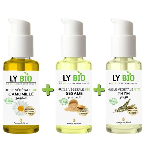 PACK HUILE CAMOMILLE 50ML - POMPE HUILE SESAME 50ml - POMPE HUILE THYM 50ML - POMPE