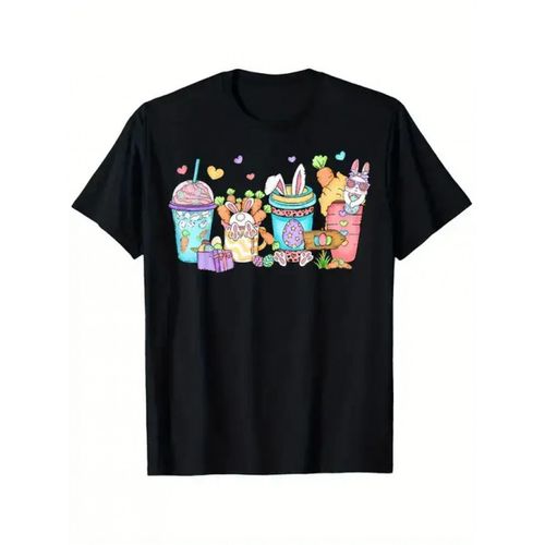 T-shirt de Pâques pour Homme Lapin de Pâques & Printemps Pastel - Noir à Manches Courtes Coupe Ample avec Imprimé Lapin dans une Tasse, Poussins & Cupcakes - Haut Décontracté Doux à Col Rond pour Chasse aux Œufs de Pâques, Tenue de Fête de Printemps - C