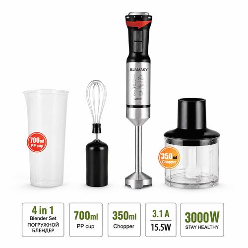 Blender Plongeant 4 en 1 Professionnel 3000W – Mixeur Multifonction avec Bol Hachoir 350ml, Verre Doseur 700ml, Fouet Inox – Idéal pour Jus, Purées, Soupes et Préparations Maison