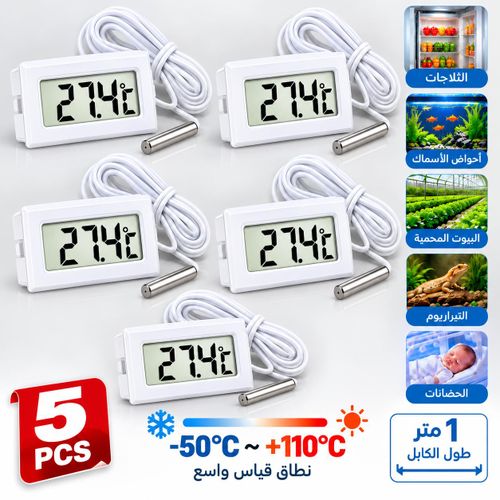 Pack x5 Thermomètres Numériques LCD -50°C à +110°C avec Capteur et Câble 1m (Blanc)