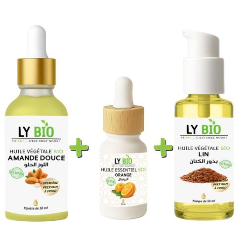 PACK HUILE AMANDE DOUCE 50ML - PIPETTE + HUILE ESSENTIEL ORANGE 10ML + HUILE LIN 50ML - POMPE