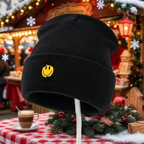 1 bonnet en tricot acrylique à imprimé Smiley jaune vif, casquette d'hiver chaude et décontractée pour hommes et femmes, idéale pour le port quotidien en extérieur dans les conditions météorologiques froides