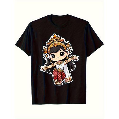 T-shirt épais 180 g/m pour homme avec imprimé d'une véritable danseuse apsara khmer cambodgienne en costume traditionnel. t-shirt noir met en valeur des éléments culturels vibrants en rouge et doré