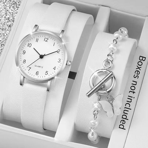 Montre Femme à Quartz avec Bracelet Assorti 2 Pièces - Cadran Rond Blanc - Style Élégant et Décontracté