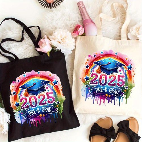 Sac Fourre-Tout de Diplômé 2025 - Grande Capacité, Polyester Durable, Design Élégant Noir avec Arc-en-ciel et Étoiles, Parfait pour le Shopping, les Voyages et les Fêtes, Sac à Main de Shopping Sac de Diplôme Tendance Sac Imprimé Coloré