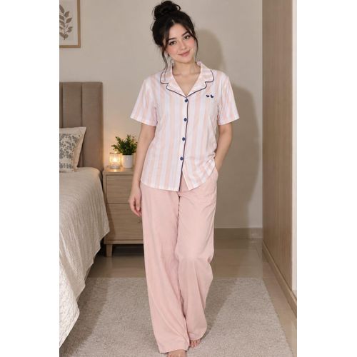Pyjama Femme 2 Pièces – Rose Pêche Pastel – Chemise Manches Courtes et Pantalon Long taille M