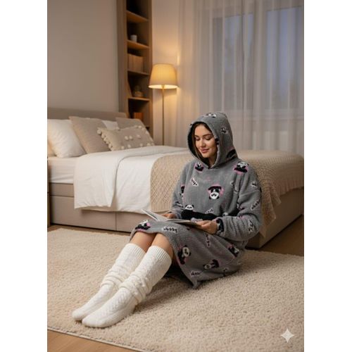 قلنسوة بغطاء رمادي ناعمة للغاية للنساء - قميص بغطاء رأس دافئ ومريح للمنزل والشتاء