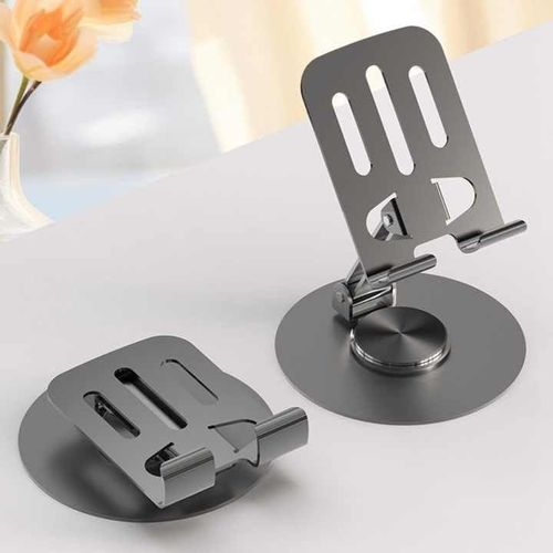 حامل معدني مكتبي دوار شامل بسطح معدني للهواتف الذكية والأجهزة اللوحية مع قاعدة غير قابلة للانزلاق وتصميم قابل للطي