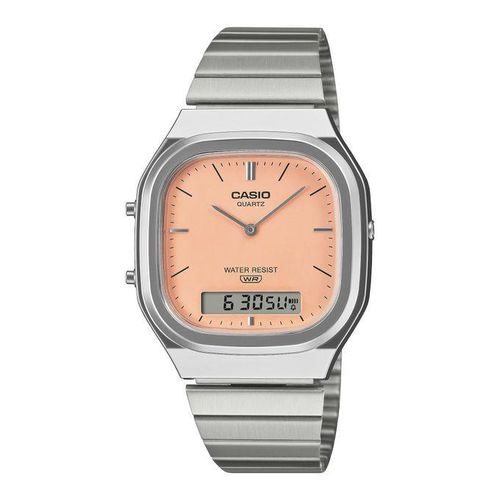 AQ-240E-4A - Montre style vintage cadran mat couleur rose saumon & double affichage - B. en acier inoxydable -