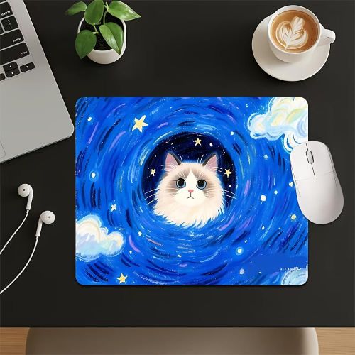 Tapis de souris de jeu antidérapant 1 pièce, petit format, à motif de chat et ciel étoilé, tapis de bureau pour ordinateur, tapis de souris pour clavier mécanique, tapis de souris de jeu antidérapant en caoutchouc, disponible en tailles et, essentiel po