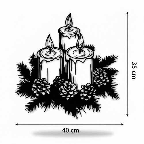 Tableau mural noir représente trois bougies allumées et des pommes de pin en bois MDF 35*40CM