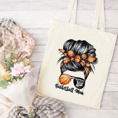 Sac fourre-tout en toile drôle pour maman de basket-ball, grande capacité, style simple et tendance, matériau en toile durable, sans fermeture, blanc, pour pique-nique en plein air, fête, cadeau d'entraîneur