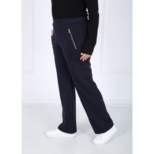 Pantalon Femme - Droit Poches Zippées - Molleton - Bleu Marine