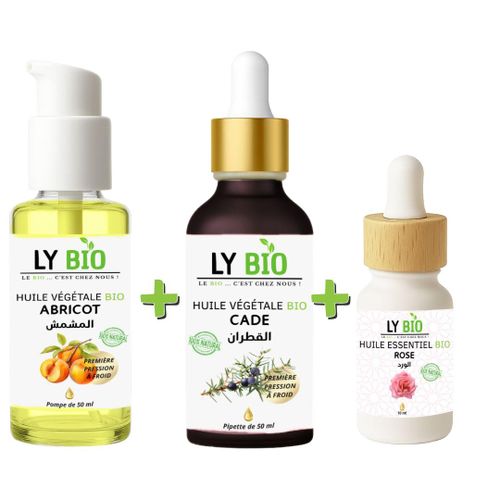 PACK HUILE ABRICOT 50ML - POMPE HUILE CADE 50ML - PIPETTE HUILE ESSENTIEL ROSE 10ML