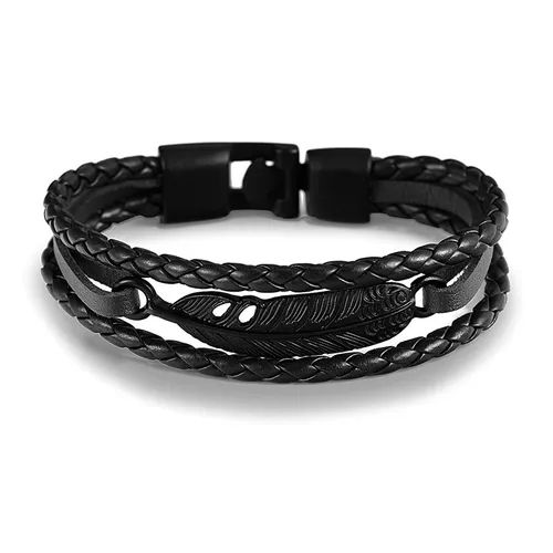 Bracelet Cuir Noir Véritable Symbole Plume Et Fermoir Noir Unisex
