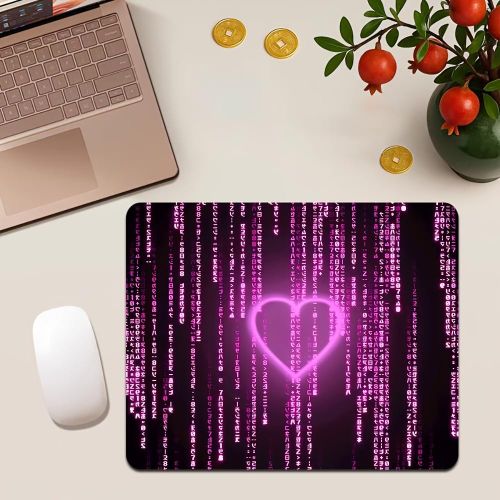 Tapis de souris gaming motif cyberpunk cœur lumineux pluie digitale violette, base en caoutchouc antidérapante, tapis de souris imprimé HD, accessoire de décoration de table universel pour ordinateur portable de bureau à domicile