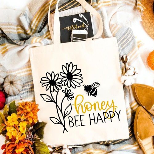 Sac fourre-tout en toile Honey Bee Happy, grand sac à main durable à imprimé animal, style simple et tendance pour pique-nique en plein air, fête, voyage, shopping, cadeau unique pour les amoureux des abeilles et les jardiniers, utilisation universelle