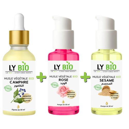 PACK HUILE CAMPHREE 50ML - PIPETTE HUILE ROSE 50ml - POMPE HUILE SESAME 50ml - POMPE
