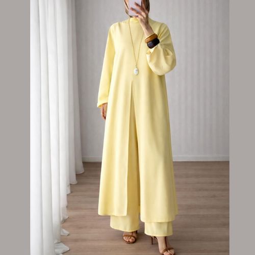 Ensemble long en crpe fluide avec pantalon large et tunique ouverte Jaune