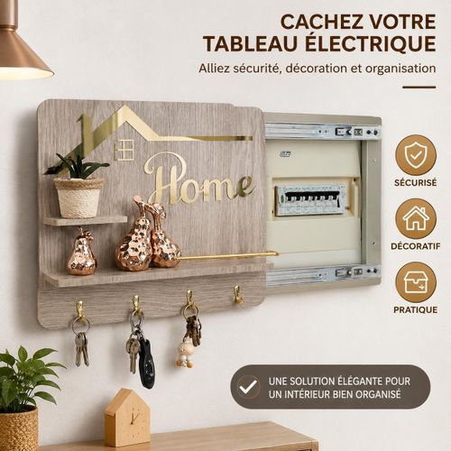 Porte-Clés Mural en Bois avec Cache Compteur Électrique – Organiseur d'Entrée avec Étagères et 4 Crochets Décoratifs