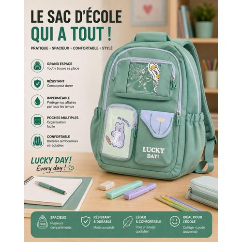 Sac à Dos Scolaire Grande Capacité – Cartable Multipoches Imperméable, Léger et Résistant avec Compartiments Organisés – Vert Menthe