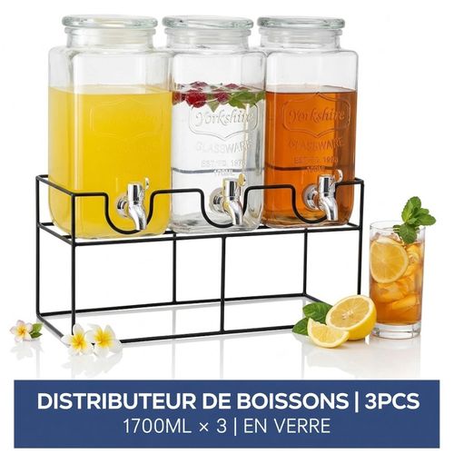 Service à Boissons 3 × 1,7 L en Verre Transparent – Distributeurs de Jus, Eau et Thé Glacé avec Support