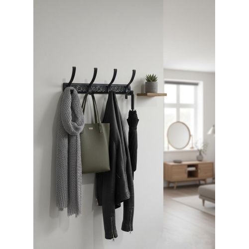 Porte-Manteau Mural en Fonte Solide – 4 Crochets Doubles Décoratifs – Noir Mat Style Rustique Industriel
