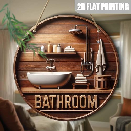 2D Plat 2D Plat Une Décoration Murale de Salle de Bain en Bois Vintage - Panneau Décoratif Rond avec Texte "SALLE DE BAIN" et Design Rétro, 20.07x20.07 cm, Convient pour la Décoration de la Maison, le Salon ou l'Entrée, Parfait Embellissement du Style de