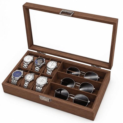 Boîte de Rangement en Bois pour Montres et Lunettes – Organiseur 6 Montres + 3 Compartiments Lunettes – Coffret de Rangement avec Couvercle Transparent