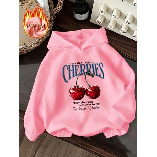 Sweat à capuche pour filles, automne-hiver, tendance, doublé polaire avec imprimé Letter Cherry, ample, décontracté, manches longues, DM10547